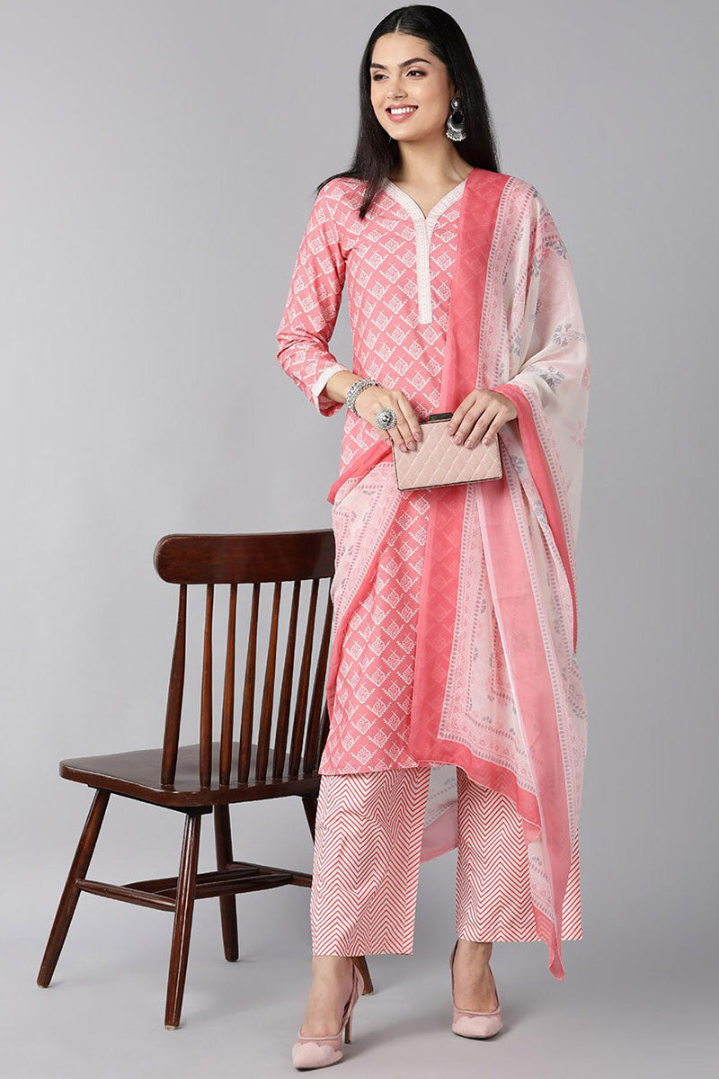 Peach Polyester Ethnic Motifs Straight Suit Set PKSKD1017