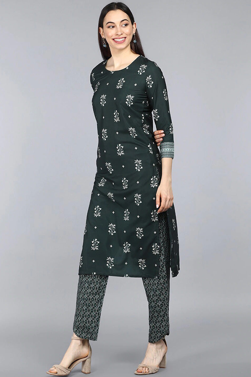 AHIKA Women Green Floral Printed Kurta with Churidar Dupatta