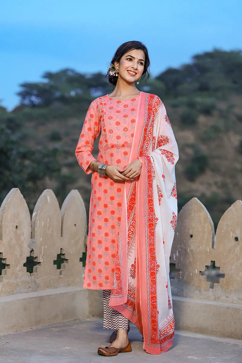 Ahika Women Pink And White Color Cotton Fabric Printed Fancy Kurta