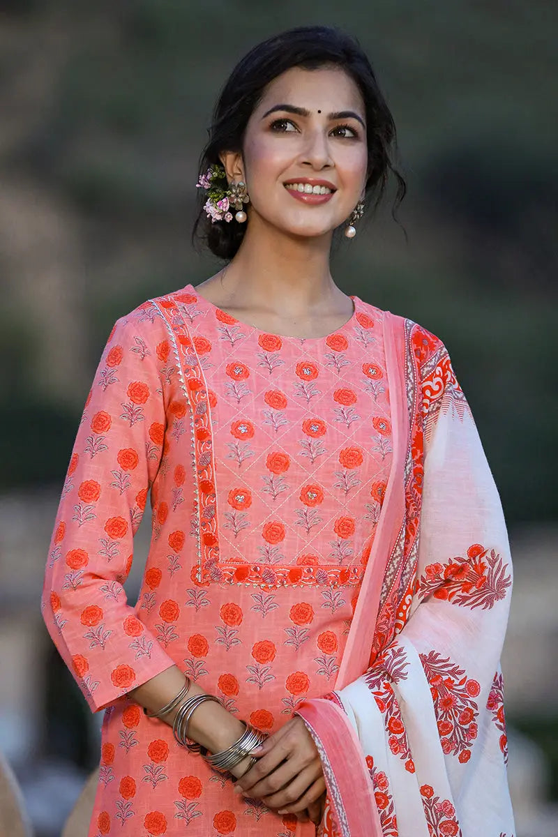 Ahika Women Pink And White Color Cotton Fabric Printed Fancy Kurta