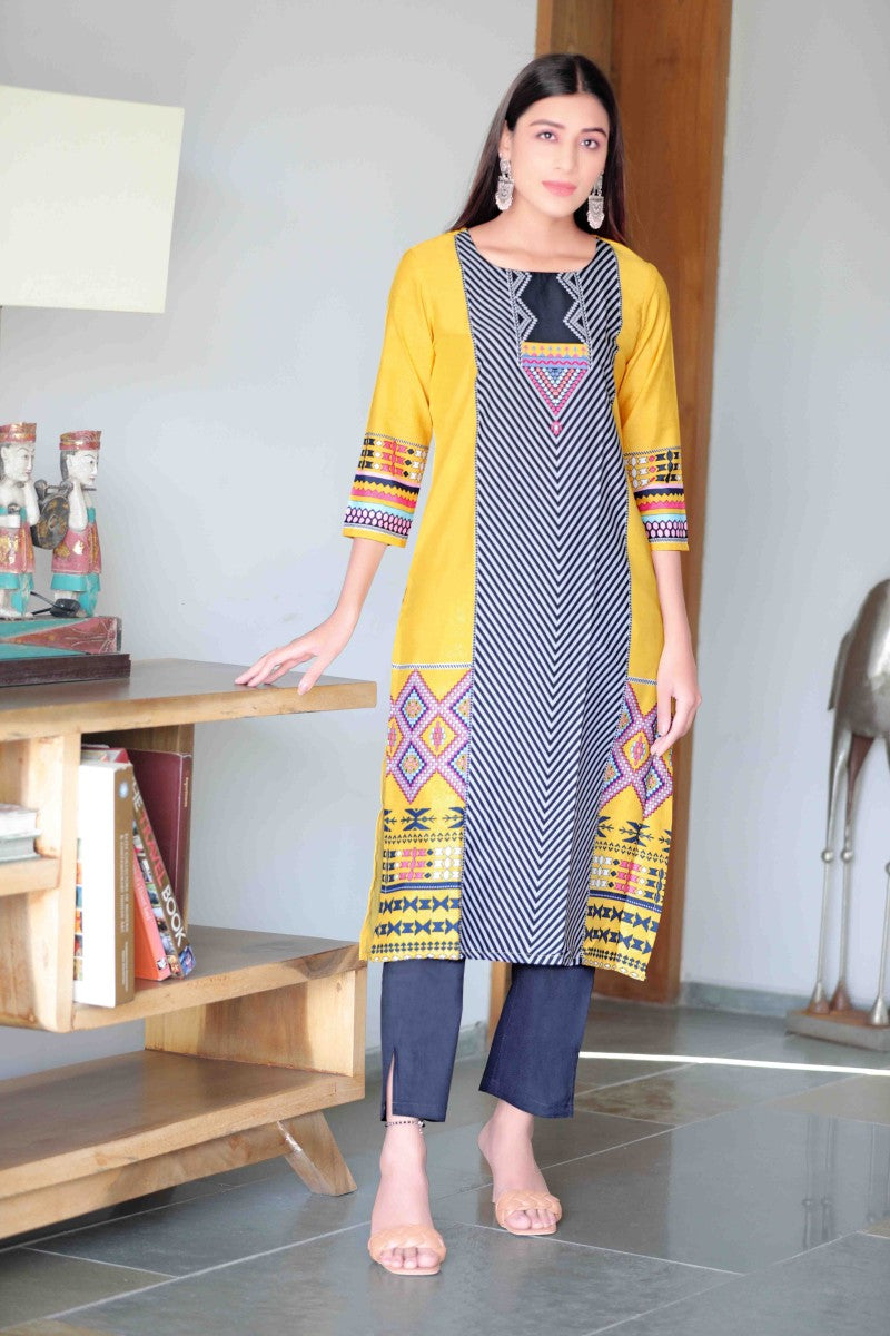 Ahika Women Crepe Fabric Trendy Festive Wear Yellow Color Printed Kurti 