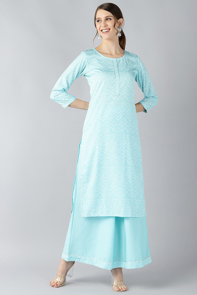 Blue Crepe Bandhani Printed Straight Kurta Set PKSET1002E