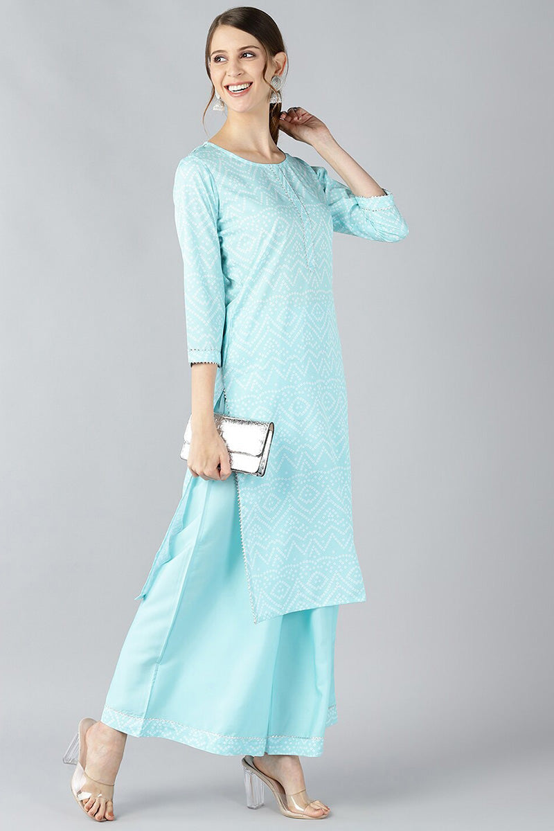 Blue Crepe Bandhani Printed Straight Kurta Set PKSET1002E