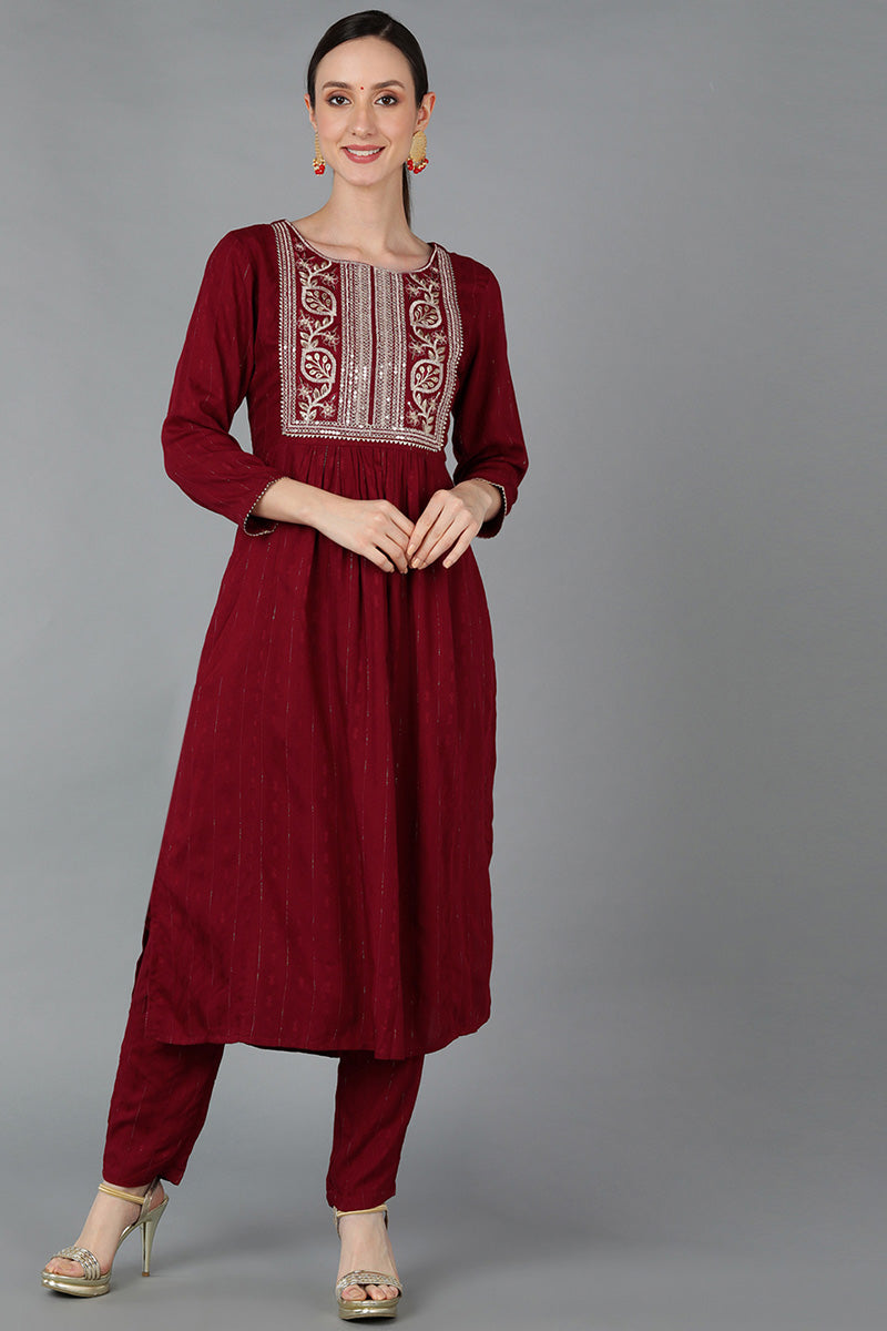 Ahika Women Maroon Silk Blend Yoke Design Kurta Set