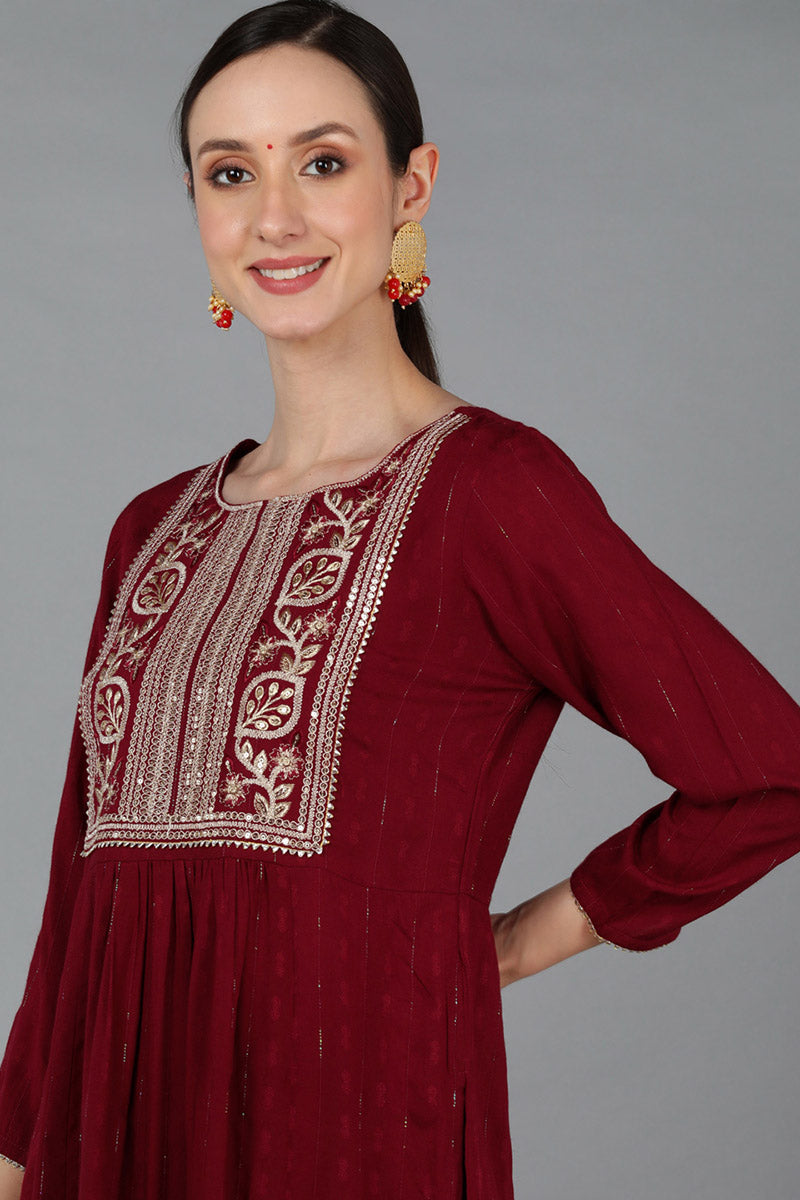 Ahika Women Maroon Silk Blend Yoke Design Kurta Set