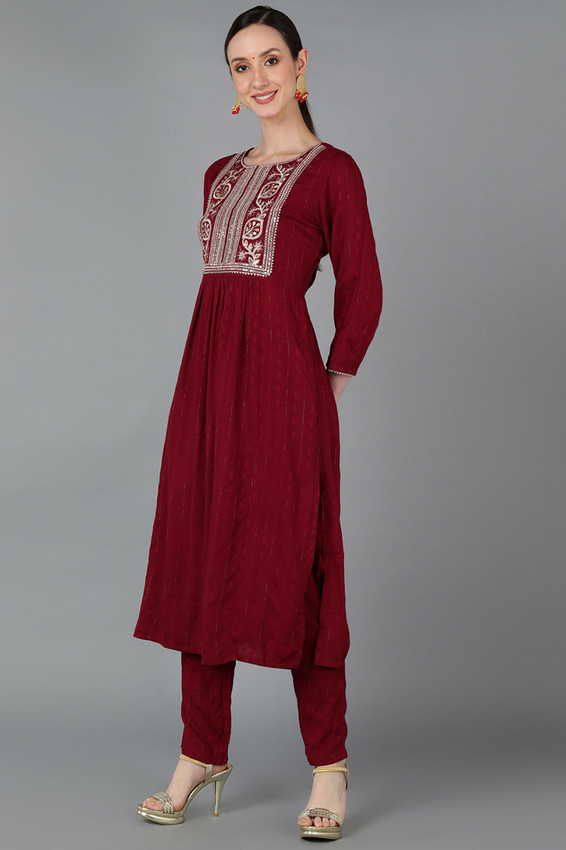 Ahika Women Maroon Silk Blend Yoke Design Kurta Set