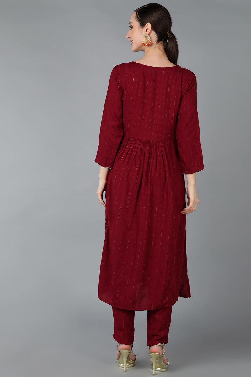 Ahika Women Maroon Silk Blend Yoke Design Kurta Set