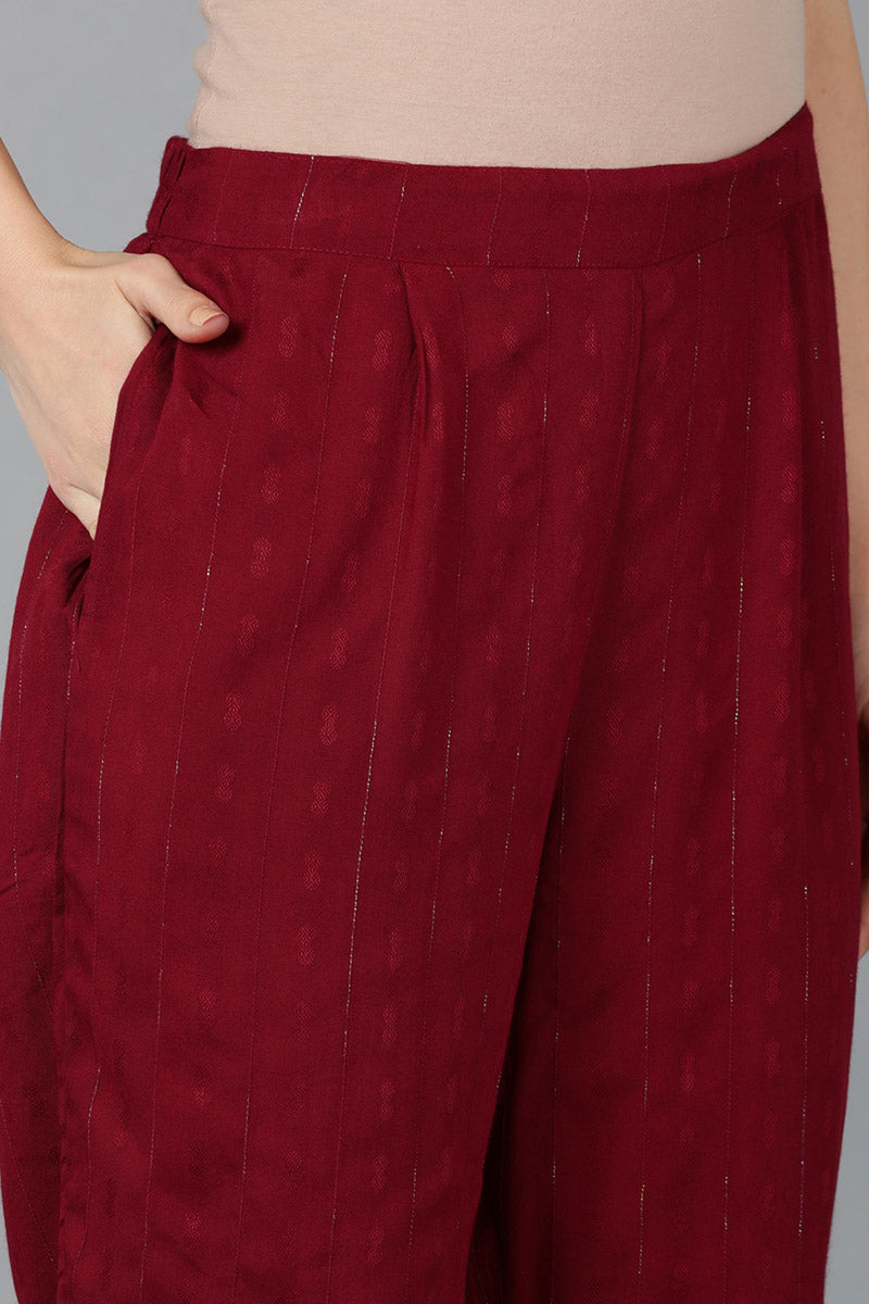 Ahika Women Maroon Silk Blend Yoke Design Kurta Set