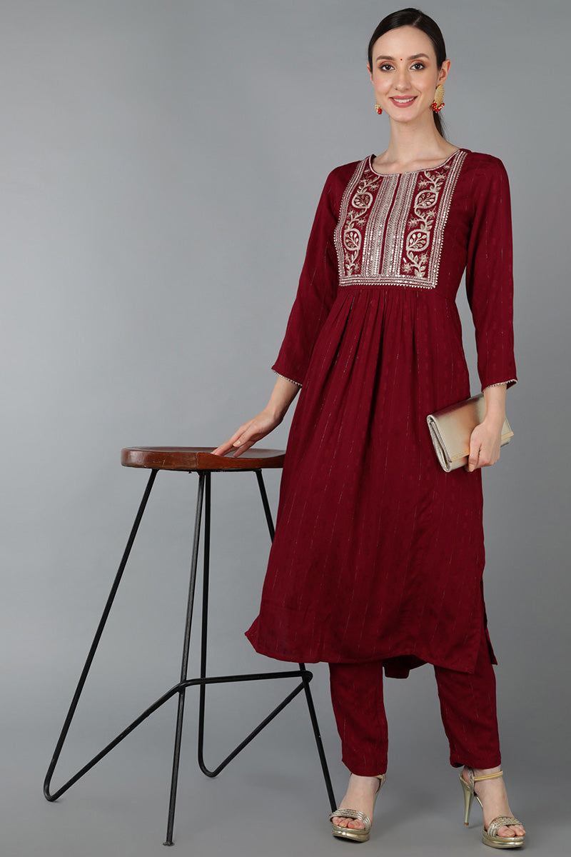 Ahika Women Maroon Silk Blend Yoke Design Kurta Set