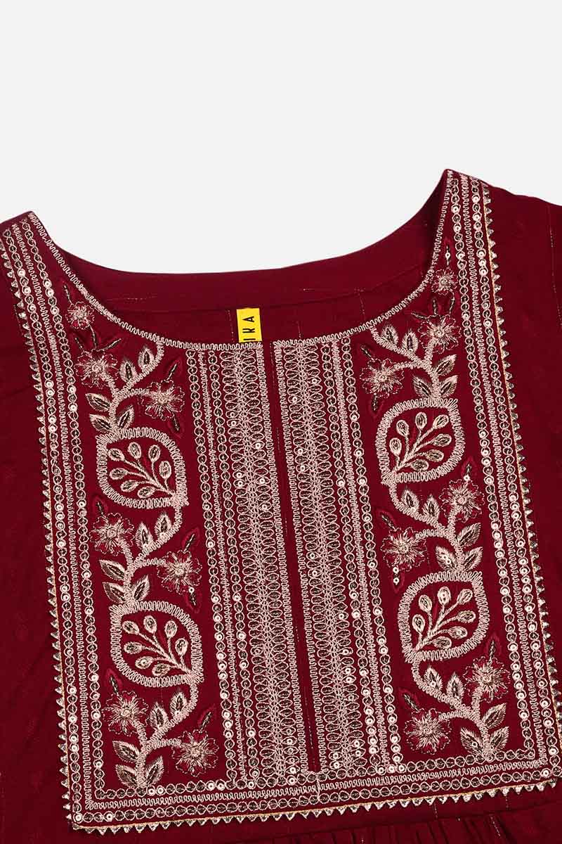 Ahika Women Maroon Silk Blend Yoke Design Kurta Set