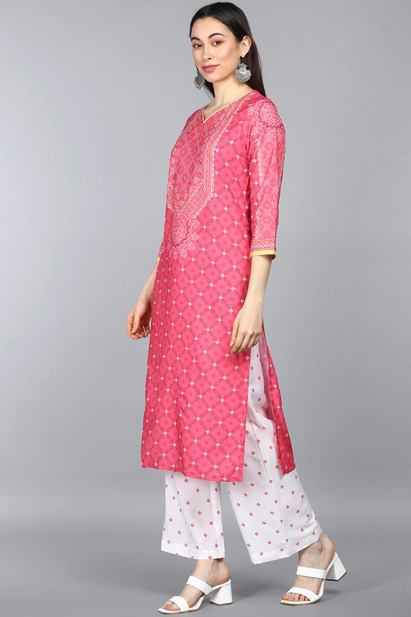 Pink Polyester Ethnic Motifs Straight Suit Set PKSKD1037