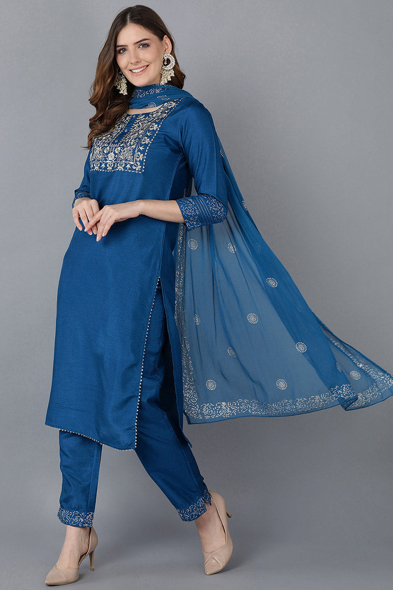 AHIKA Women Blue Floral Yoke Design Regular Thread Work Kurta with Palazzos With Dupatta