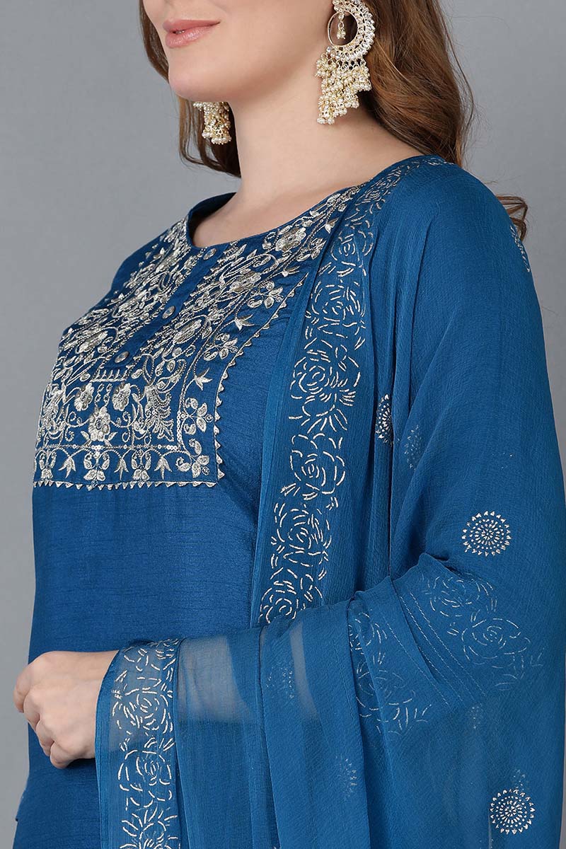 AHIKA Women Blue Floral Yoke Design Regular Thread Work Kurta with Palazzos With Dupatta