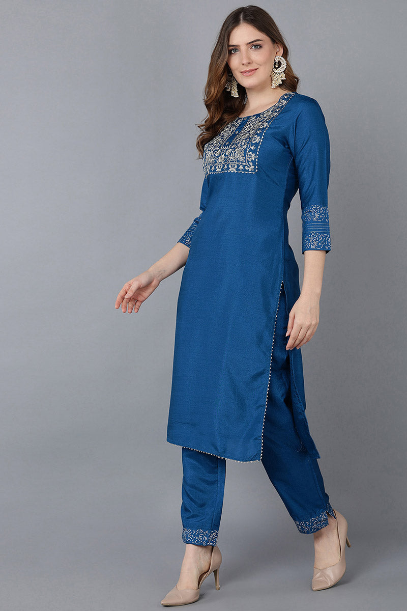 AHIKA Women Blue Floral Yoke Design Regular Thread Work Kurta with Palazzos With Dupatta