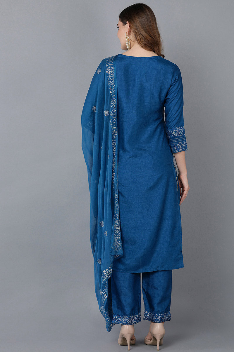 AHIKA Women Blue Floral Yoke Design Regular Thread Work Kurta with Palazzos With Dupatta
