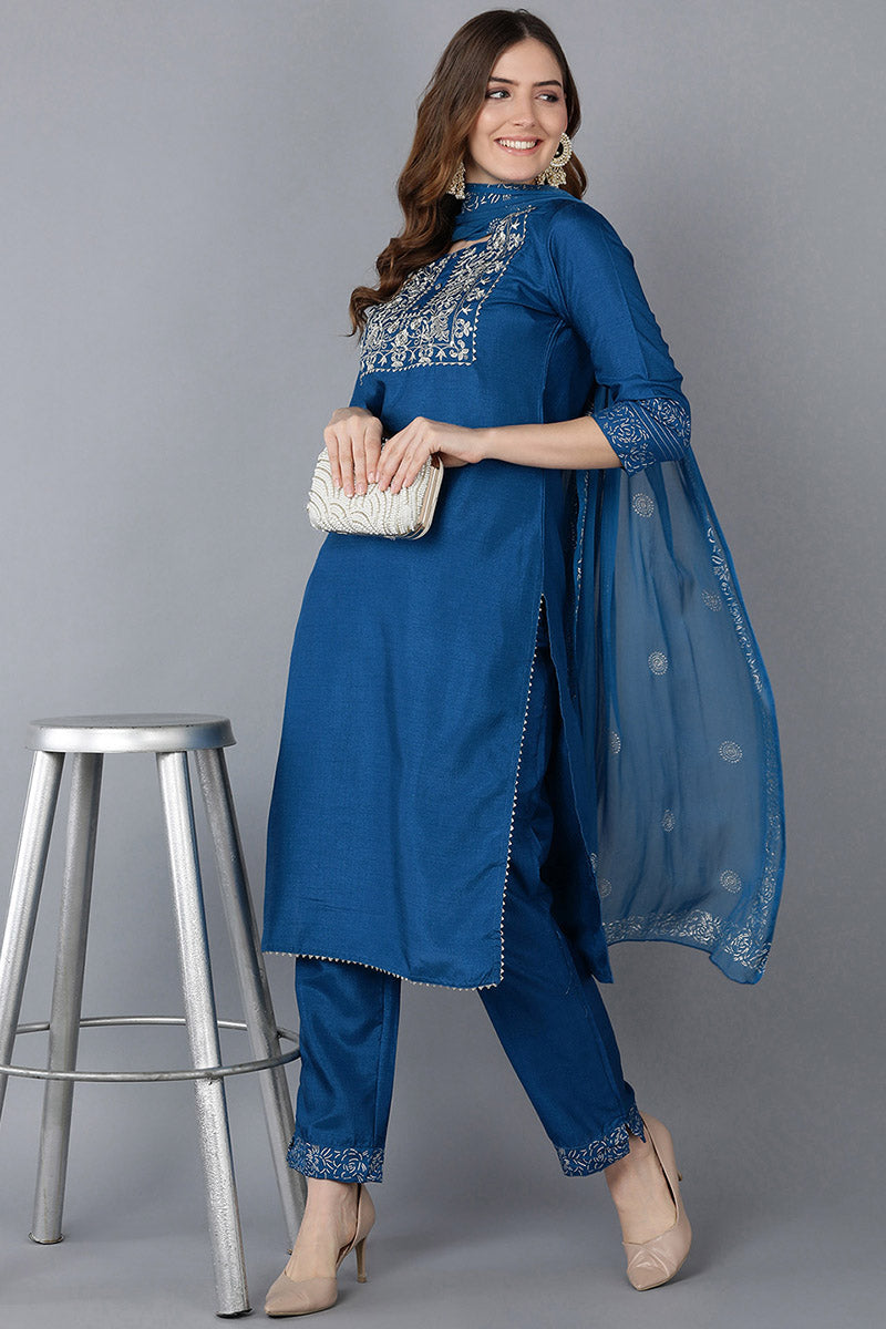 AHIKA Women Blue Floral Yoke Design Regular Thread Work Kurta with Palazzos With Dupatta
