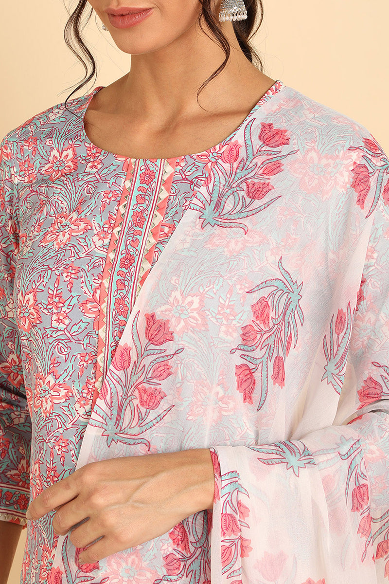 Grey Poly Chiffon Straight Kurta Pant With Dupatta PKSKD1065B