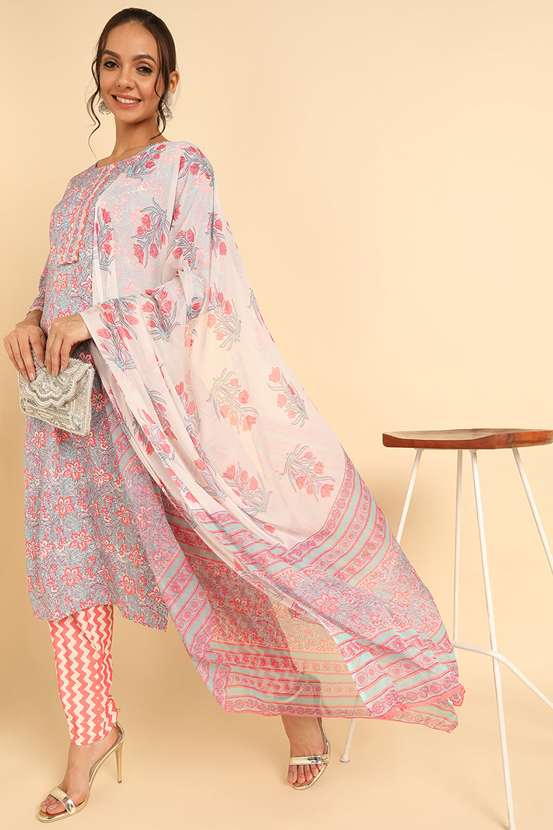 Grey Poly Chiffon Straight Kurta Pant With Dupatta PKSKD1065B