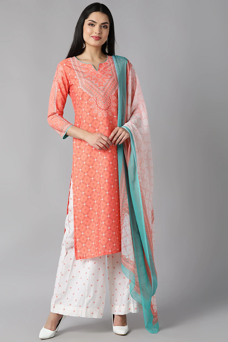 AHIKA Women Peach Coloured White Ethnic Motifs Printed Kurta with Palazzos Dupatta Set