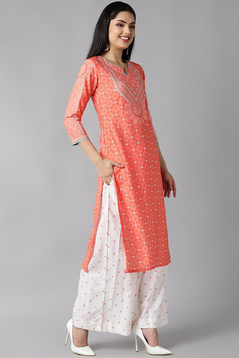 AHIKA Women Peach Coloured White Ethnic Motifs Printed Kurta with Palazzos Dupatta Set