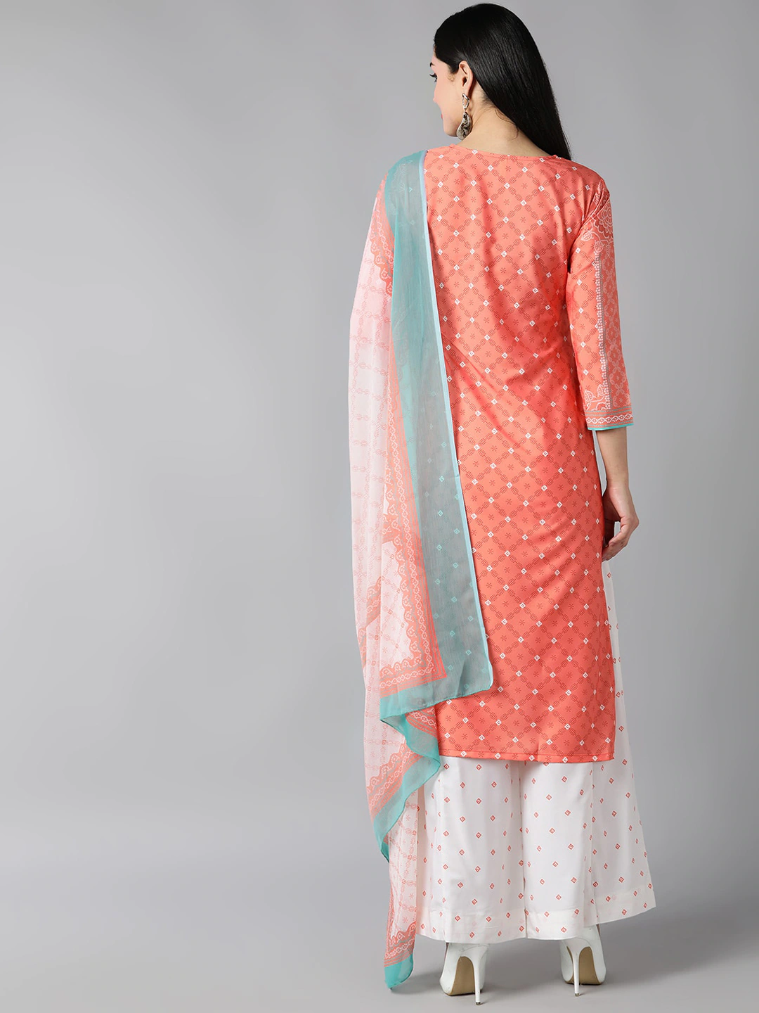 AHIKA Women Peach Coloured White Ethnic Motifs Printed Kurta with Palazzos Dupatta Set