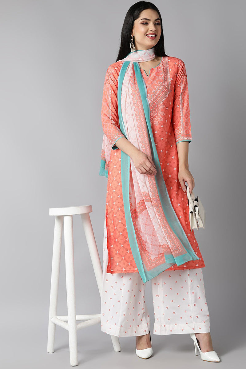 AHIKA Women Peach Coloured White Ethnic Motifs Printed Kurta with Palazzos Dupatta Set