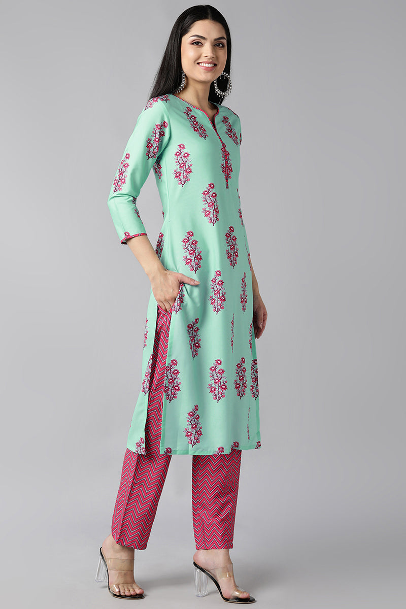 AHIKA Women Sea Green Floral Printed Regular Kurta with Trousers With Dupatta Set