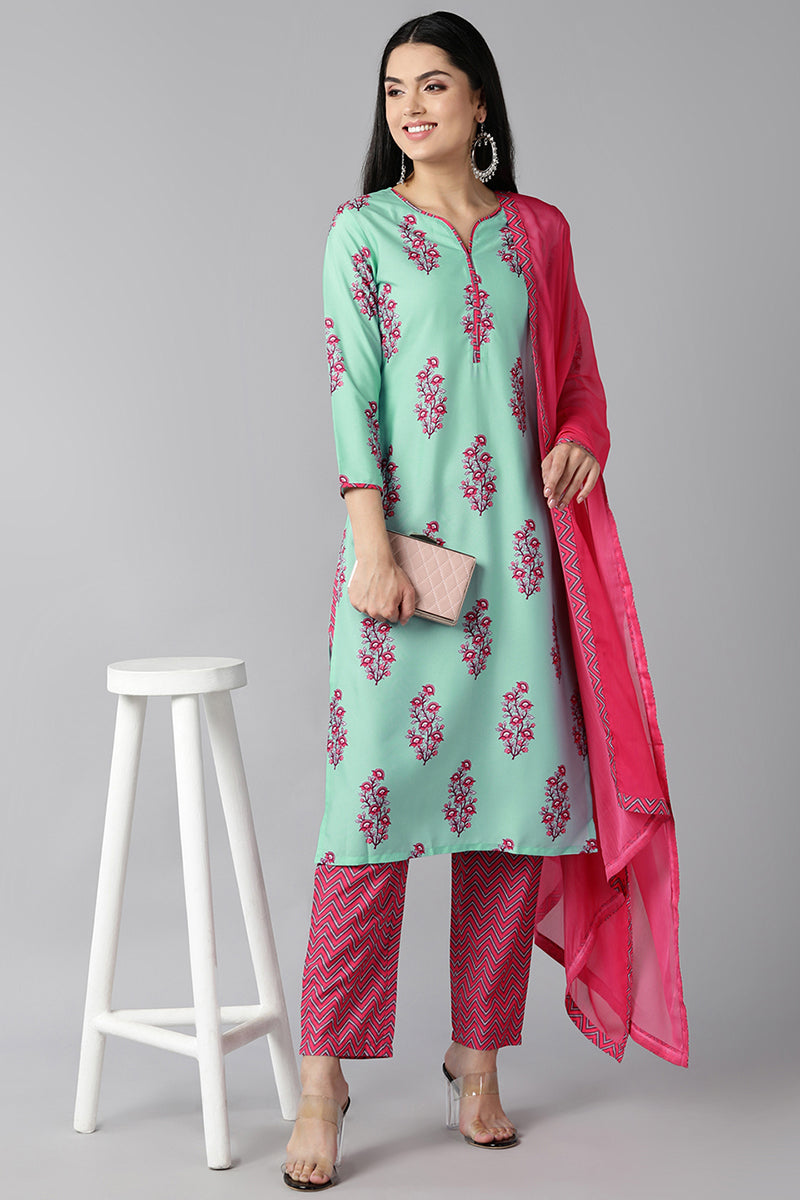 AHIKA Women Sea Green Floral Printed Regular Kurta with Trousers With Dupatta Set