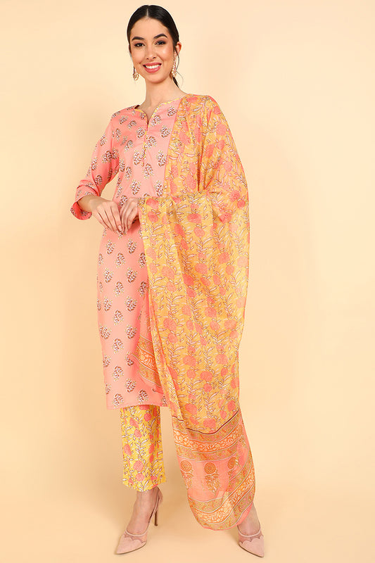 AHIKA Women Peach Printed Kurti Trousers With Dupatta