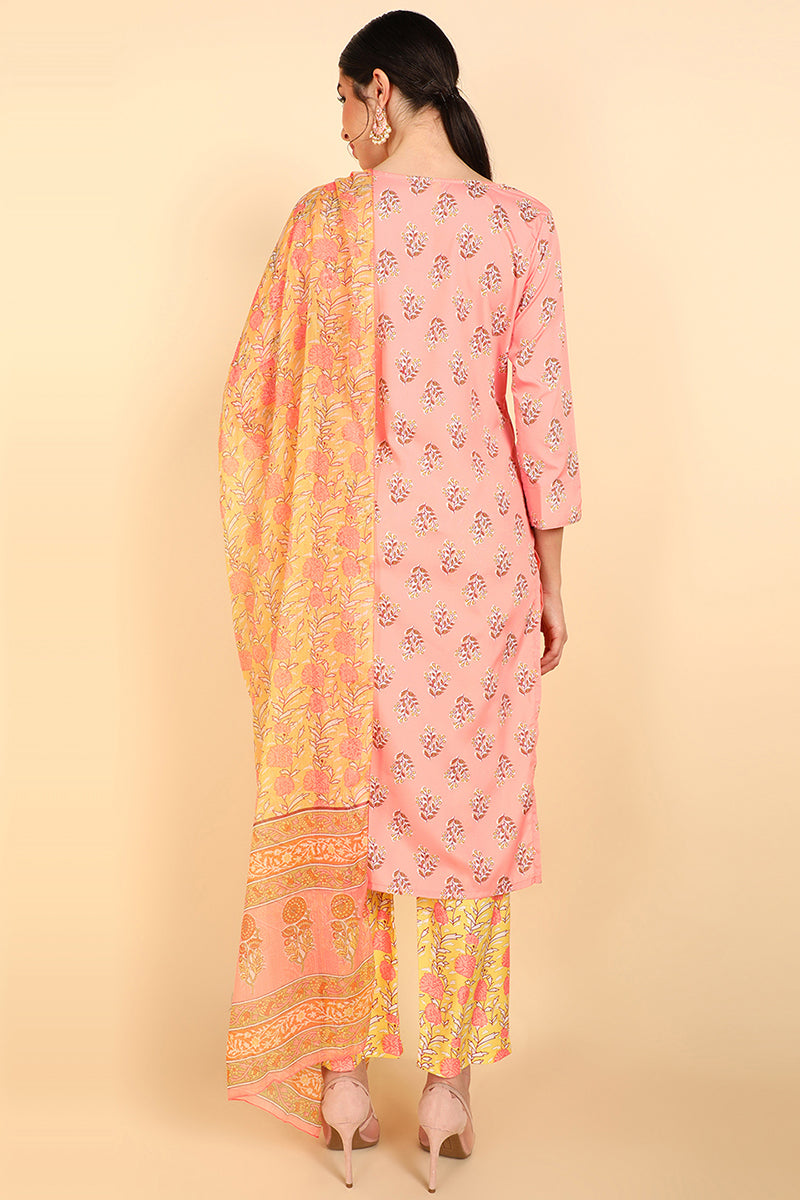 AHIKA Women Peach Printed Kurti Trousers With Dupatta