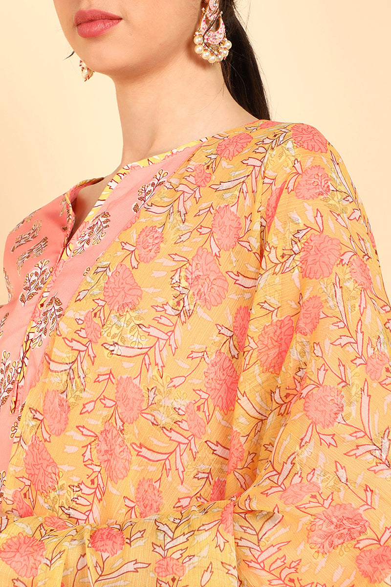 AHIKA Women Peach Printed Kurti Trousers With Dupatta
