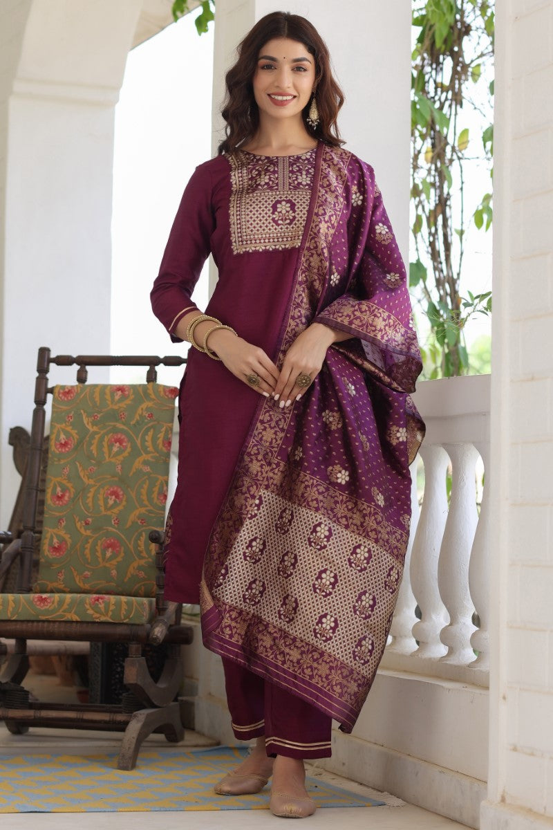 Burgundy Poly Silk Solid Straight Suit Set PKSKD1112