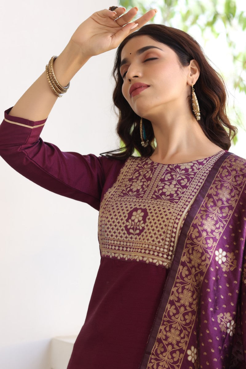 Burgundy Poly Silk Solid Straight Suit Set PKSKD1112