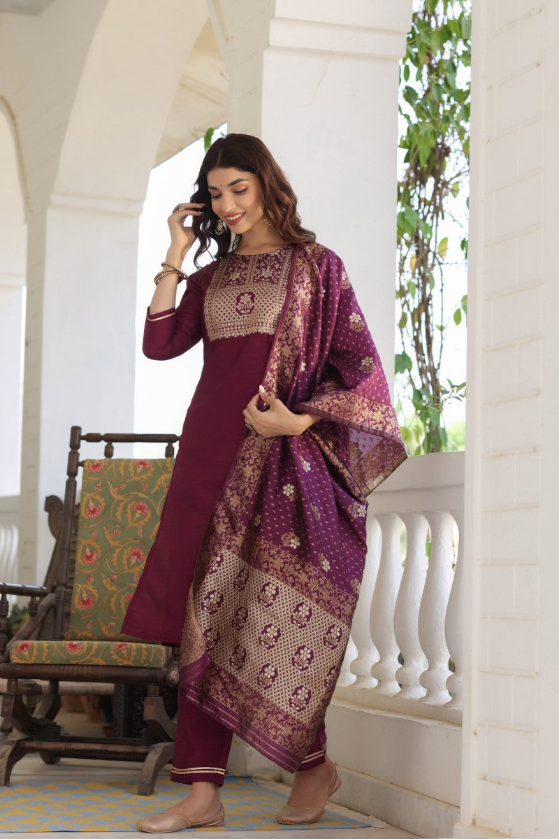 Burgundy Poly Silk Solid Straight Suit Set PKSKD1112