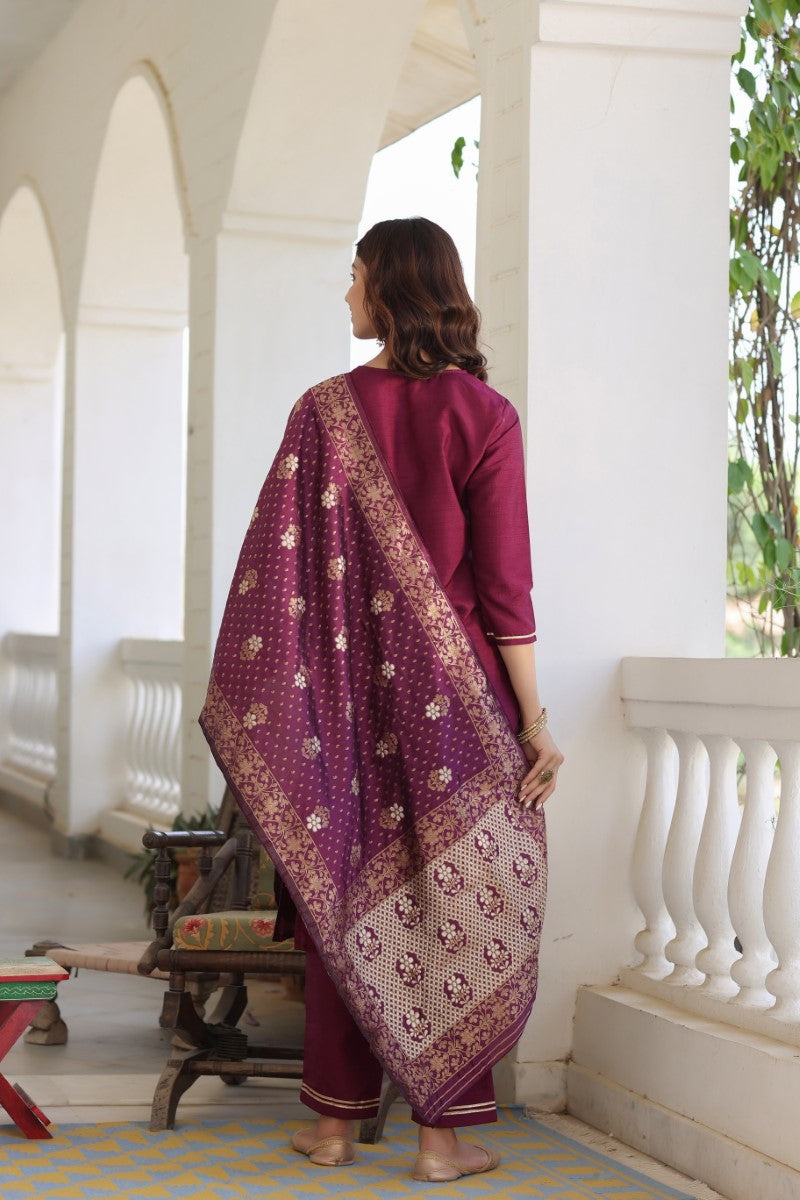 Burgundy Poly Silk Solid Straight Suit Set PKSKD1112