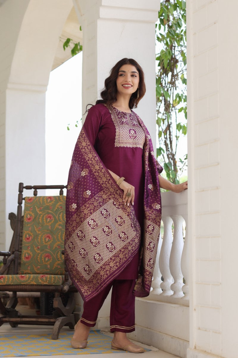 Burgundy Poly Silk Solid Straight Suit Set PKSKD1112