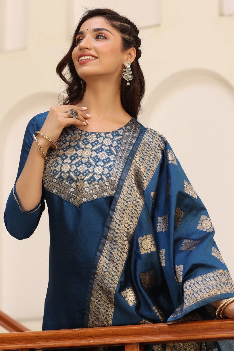 Blue Poly Silk Solid Straight Suit Set PKSKD1114