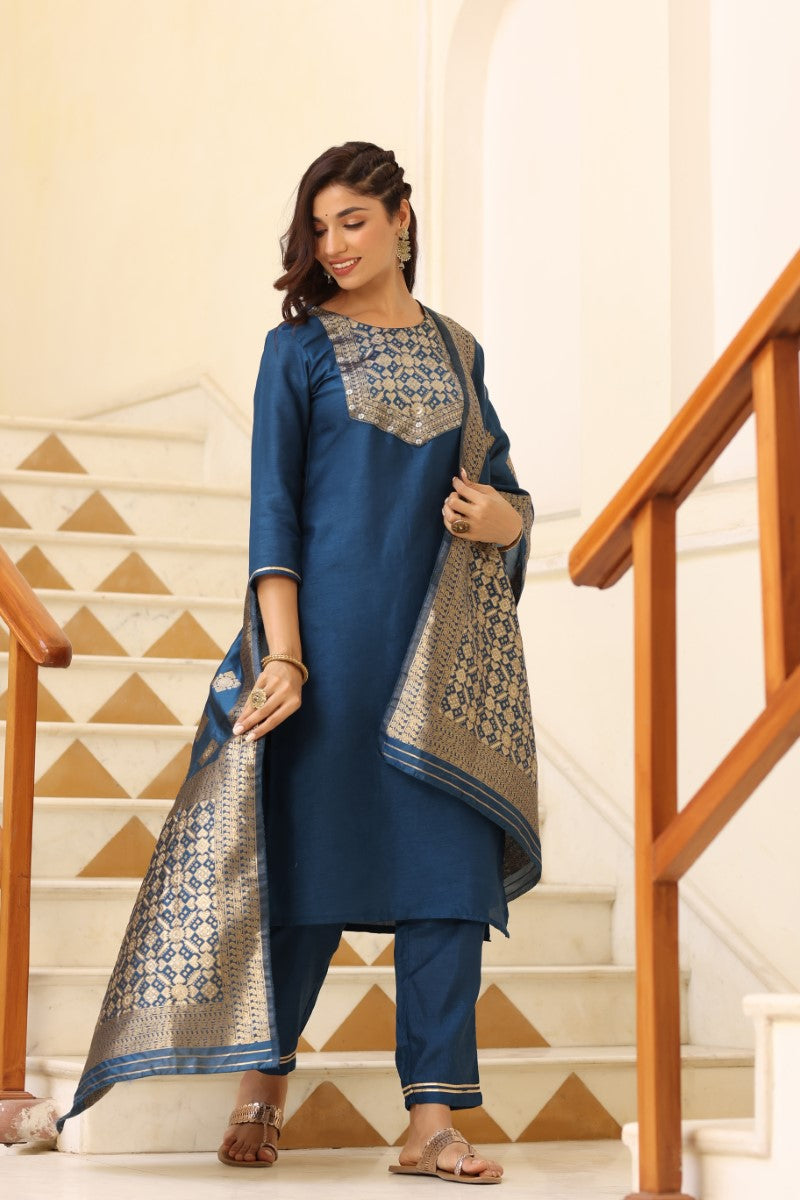 Blue Poly Silk Solid Straight Suit Set PKSKD1114