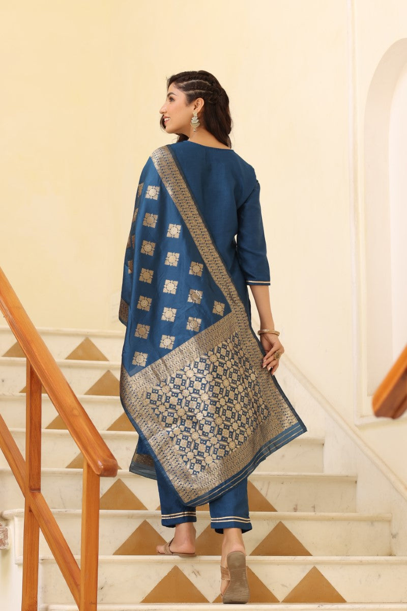 Blue Poly Silk Solid Straight Suit Set PKSKD1114