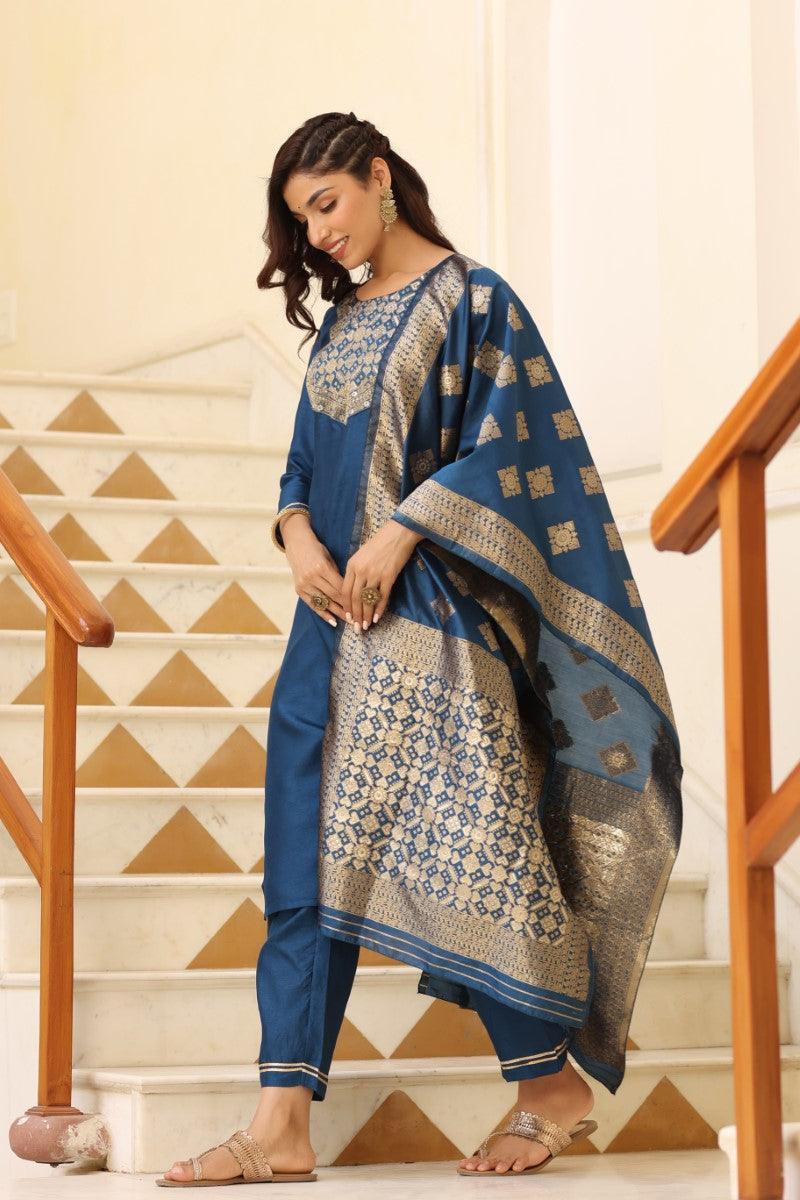 Blue Poly Silk Solid Straight Suit Set PKSKD1114