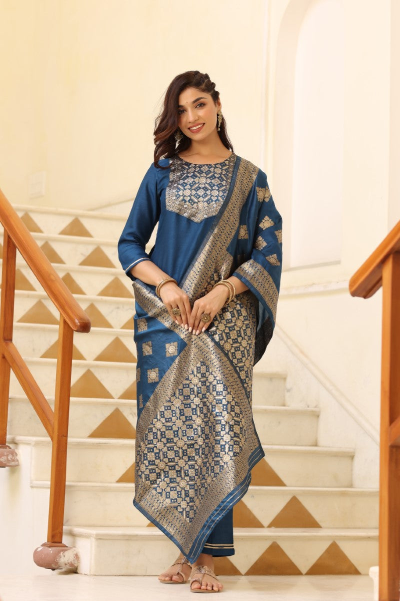 Blue Poly Silk Solid Straight Suit Set PKSKD1114