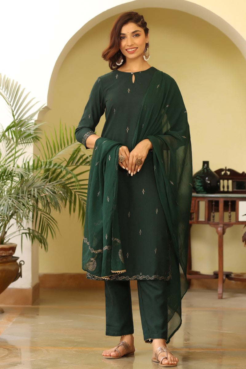 Green Poly Silk Straight Suit Set PKSKD1118