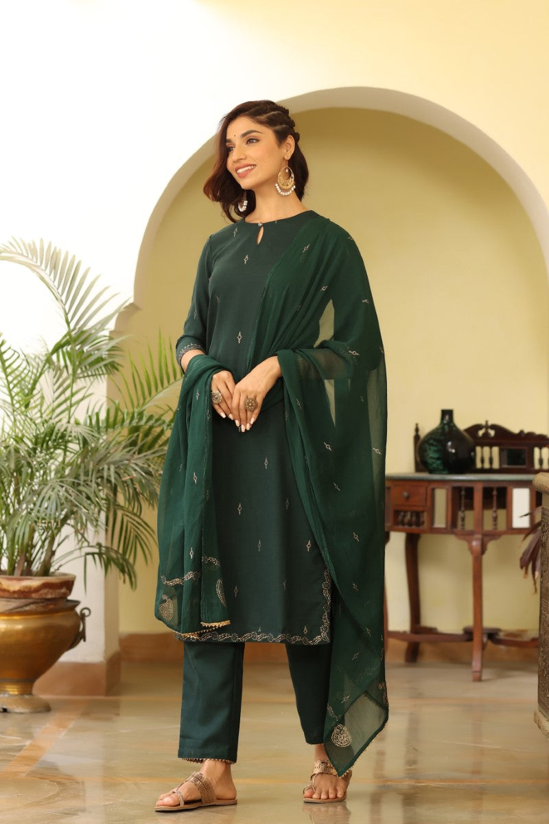 Green Poly Silk Straight Suit Set PKSKD1118
