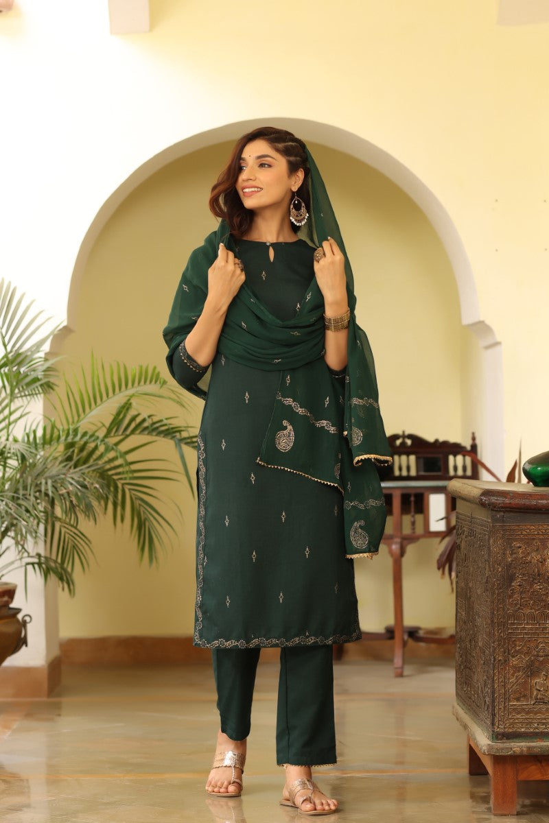 Green Poly Silk Straight Suit Set PKSKD1118