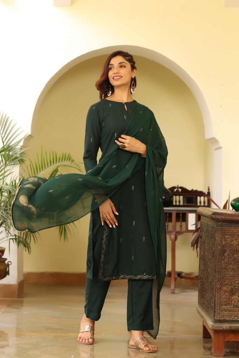 Green Poly Silk Straight Suit Set PKSKD1118