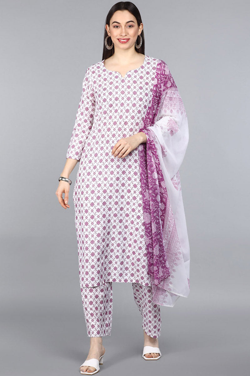 AHIKA Women White Purple Ethnic Motifs Printed Kurta with Trousers Dupatta
