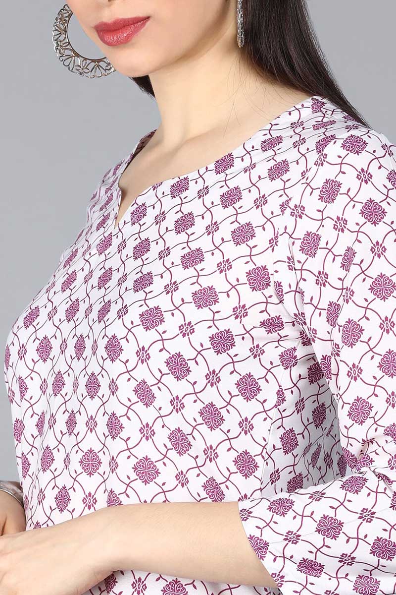 AHIKA Women White Purple Ethnic Motifs Printed Kurta with Trousers Dupatta