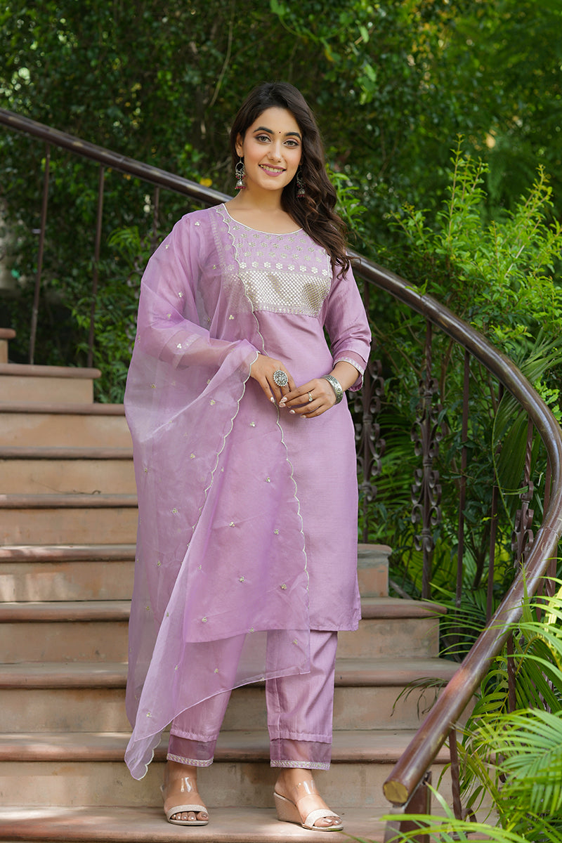Mauve Poly Silk Solid Sequin Straight Suit Set PKSKD1158