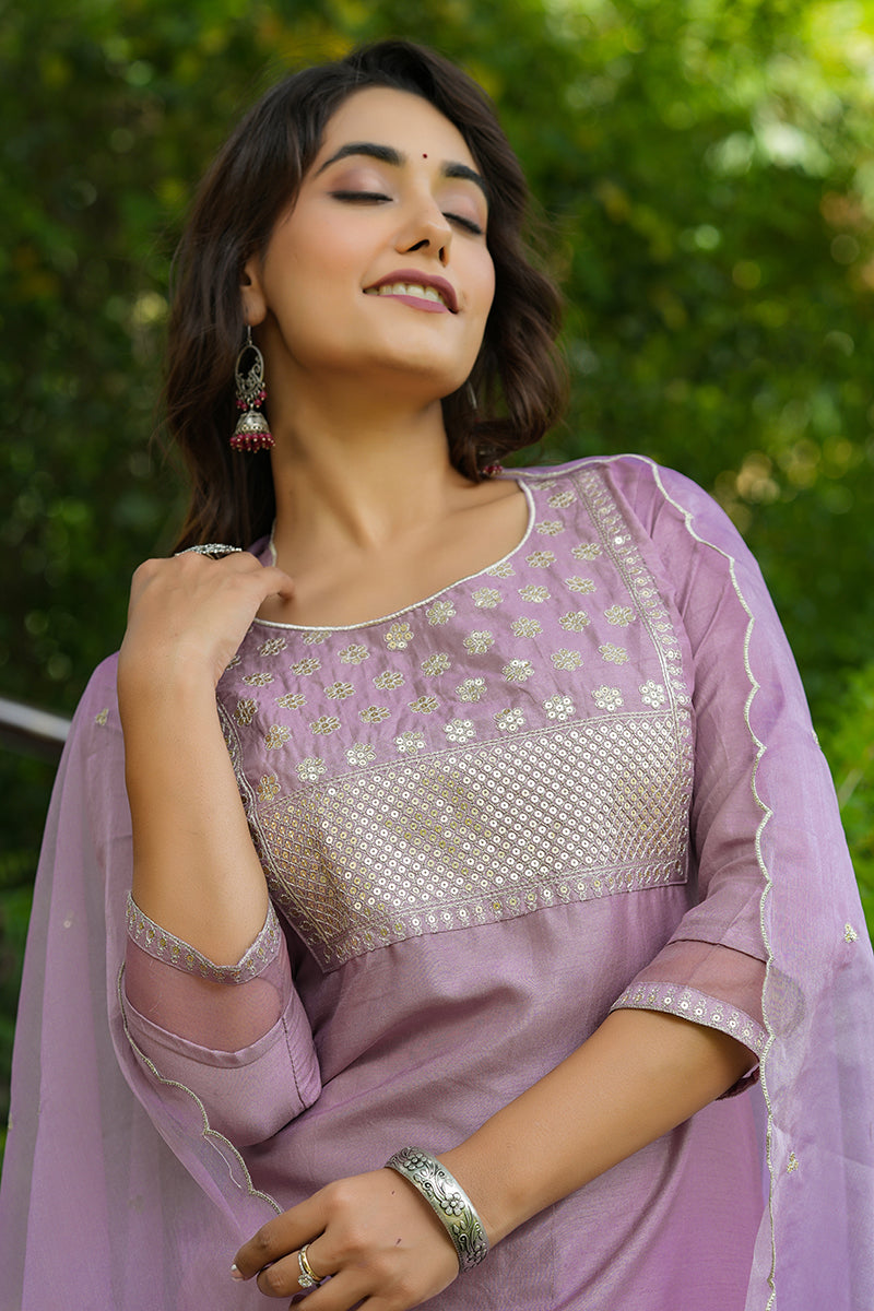 Mauve Poly Silk Solid Sequin Straight Suit Set PKSKD1158