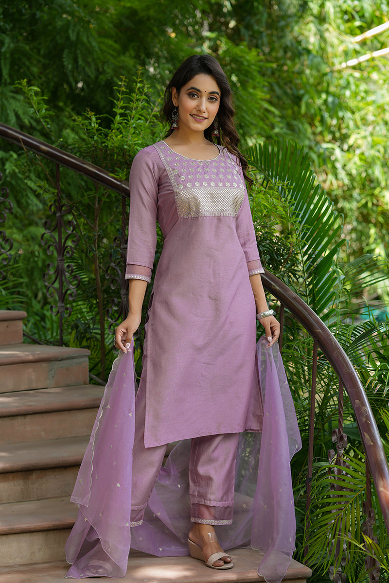 Mauve Poly Silk Solid Sequin Straight Suit Set PKSKD1158